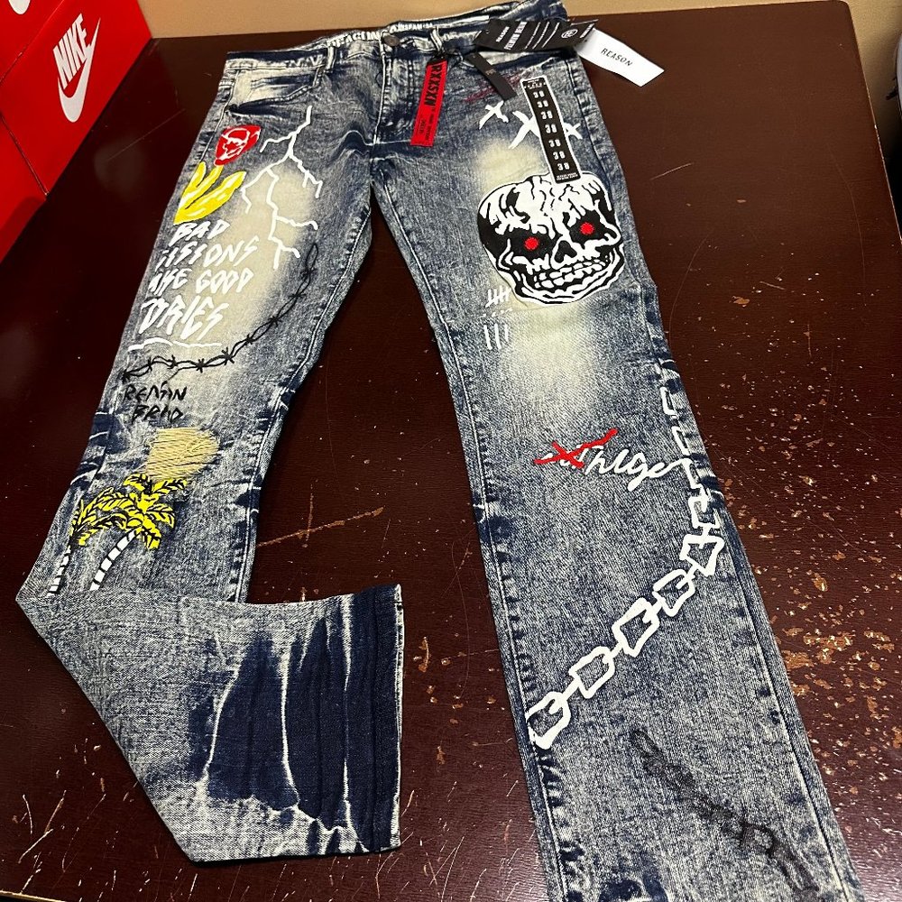 Reason Mens Blue Move In Silence Graphic Print Slim Fit Straight Jeans Size 38